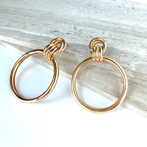 NEW~ Anthropologie Large Gold Hoop Knotted post Earrings - Picture 2 of 12